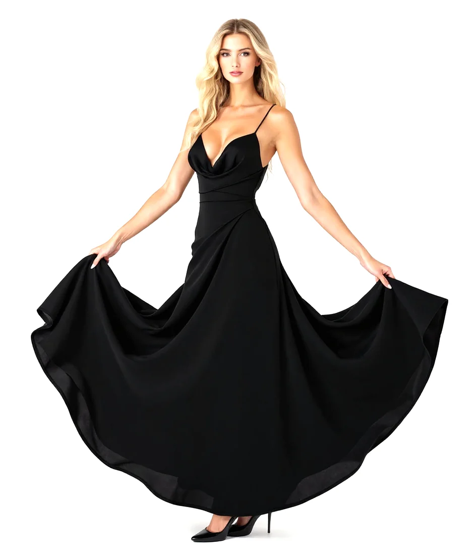La modelo sujetando la falda abierta del vestido negro, que forma un gran vuelo