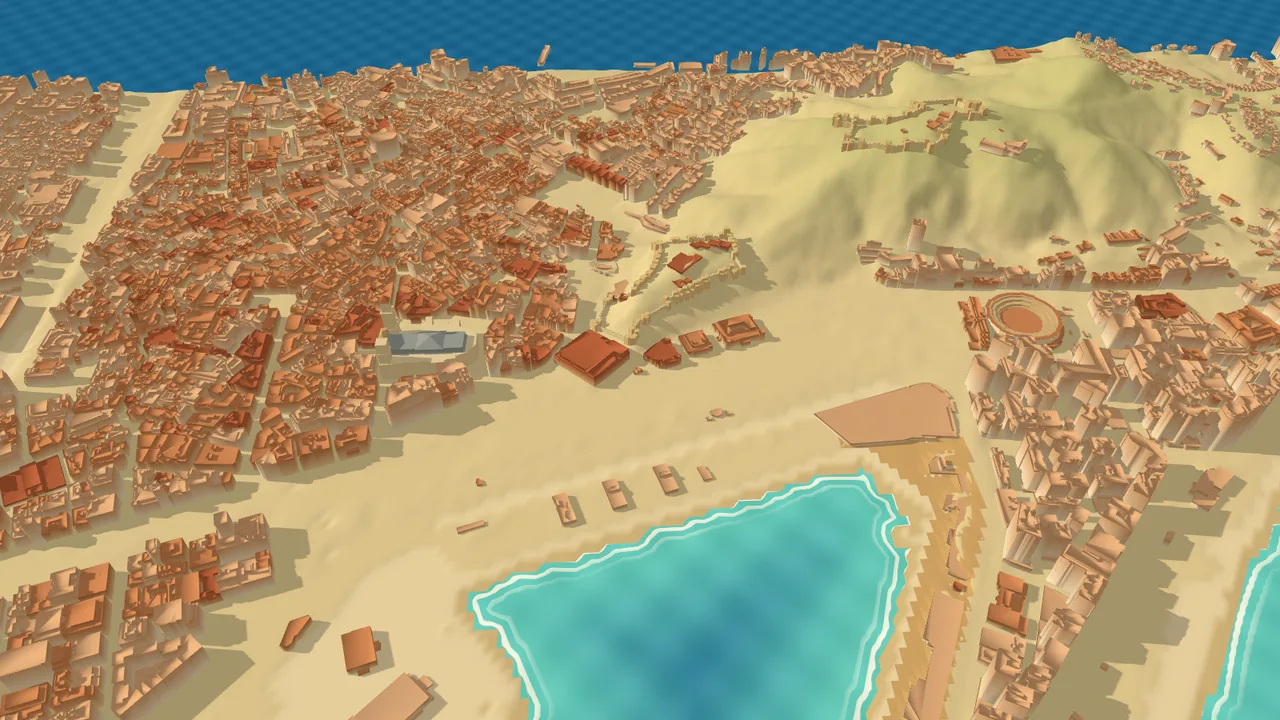 Maqueta 3D del centro histórico de Málaga con la Catedral, la Alcazaba, el puerto y la playa de La Malagueta