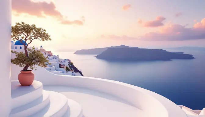 Cielo rosado sobre la caldera de Santorini visto desde la terraza