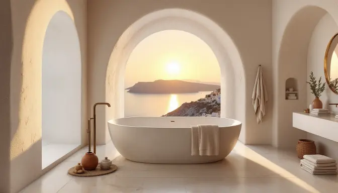 Baño con bañera exenta y un arco con vistas al mar