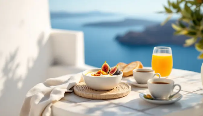 Desayuno de yogur con higos, zumo y café sobre una mesa de travertino