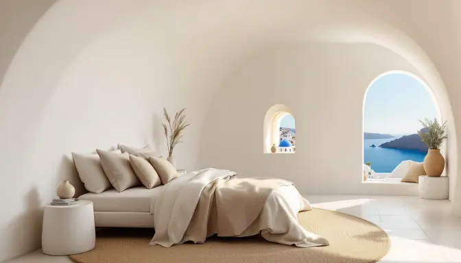 Segundo dormitorio con cama de lino y una ventana al pueblo y al mar