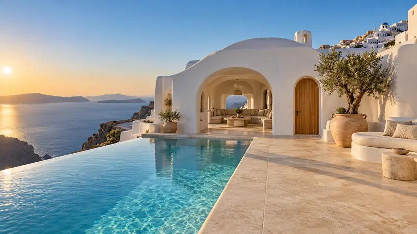 Fachada blanca de la villa con piscina infinita sobre el mar al atardecer