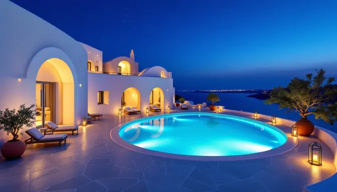 Piscina iluminada y arcos dorados al anochecer