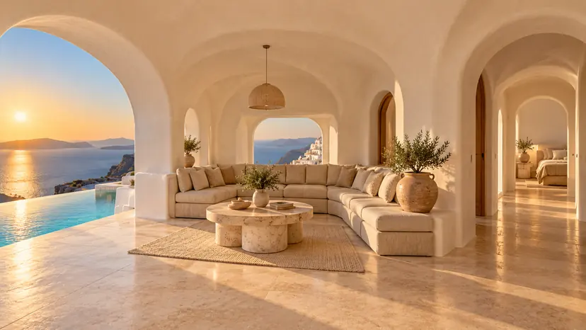 Salón con bóvedas blancas, sofá curvo y mesa de travertino