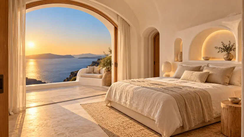 Dormitorio principal con cama de lino y un arco abierto al mar