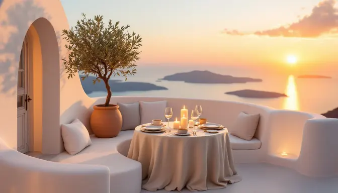 Mesa de cena con velas en la terraza al atardecer