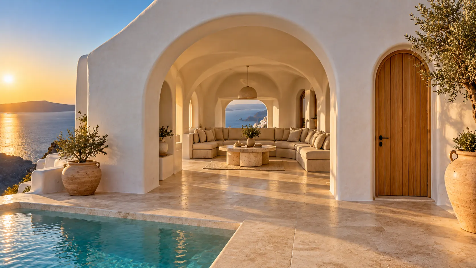 Entrada con arco de cal y puerta de madera, y al fondo el salón con vistas al mar