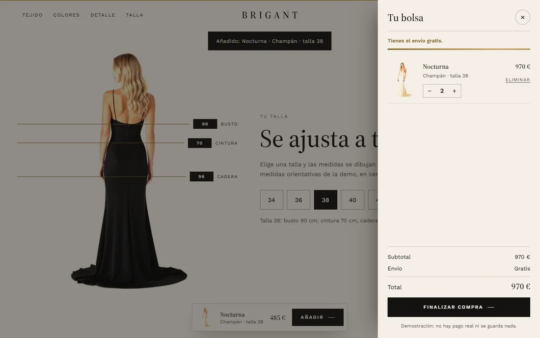 La bolsa de compra con dos unidades del vestido, el aviso de envío gratis y el total