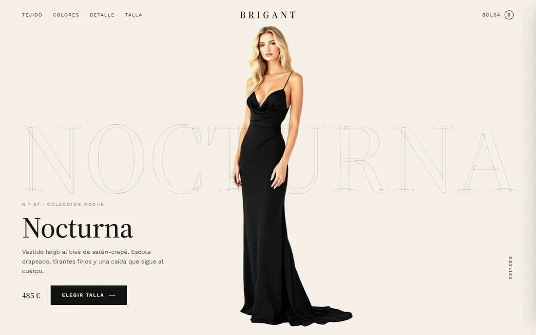 Ficha del vestido Nocturna de BRIGANT: la modelo sobre fondo marfil con la palabra NOCTURNA en contorno, el precio y el botón para elegir talla