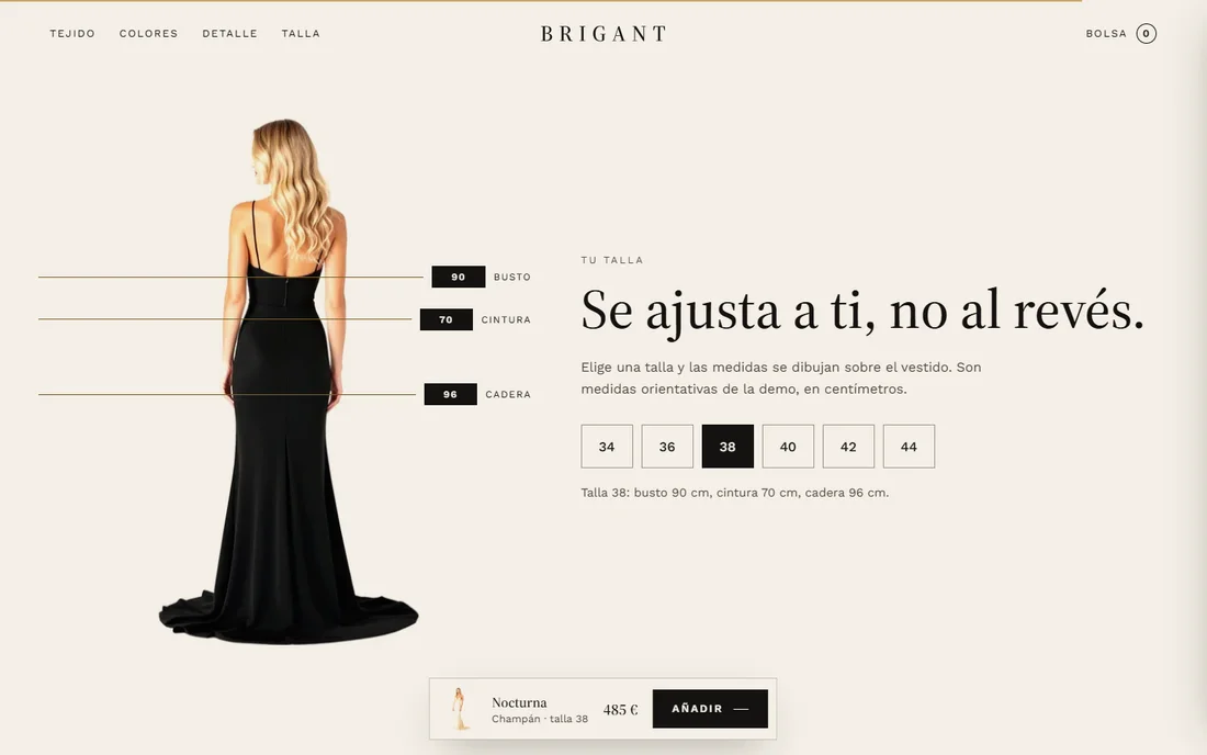 El vestido visto por la espalda con las medidas de busto, cintura y cadera dibujadas encima y las tallas del 34 al 44