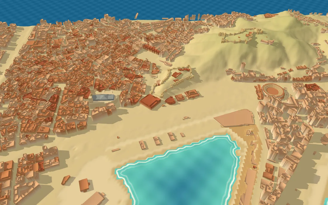 Maqueta 3D del centro histórico de Málaga vista desde el sur, con el casco antiguo, la Alcazaba, el monte de Gibralfaro, la Plaza de Toros y el puerto