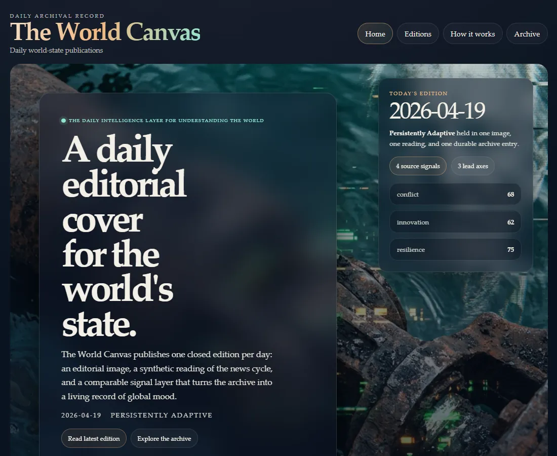 Portada de The World Canvas: la edición del día con su imagen editorial y los ejes de la lectura