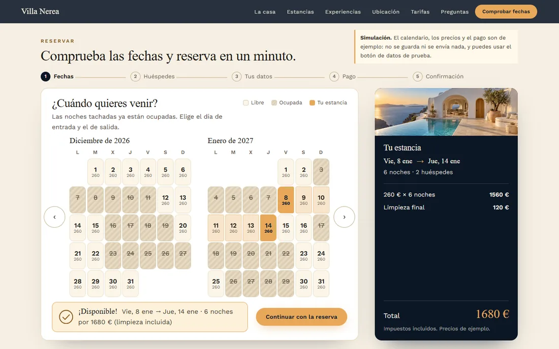 Calendario de disponibilidad de Villa Nerea con dos meses, noches ocupadas rayadas, una estancia seleccionada y el aviso de que está disponible, junto al resumen con el total