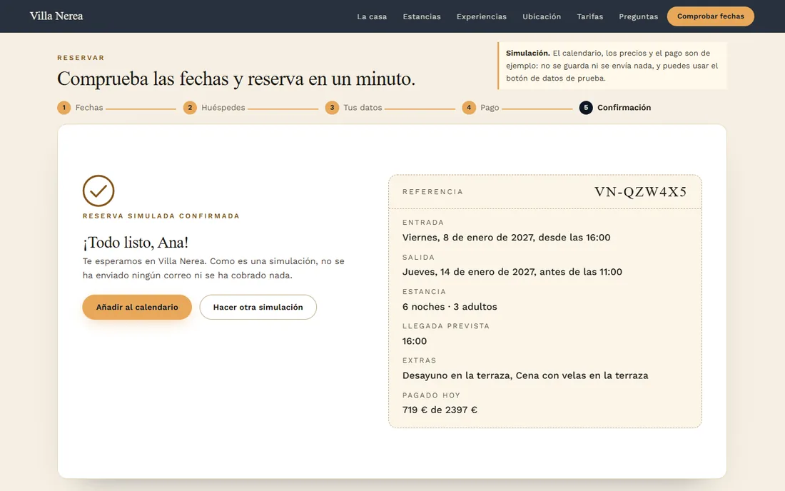Pantalla de confirmación de la reserva simulada de Villa Nerea con la referencia, las fechas, los huéspedes, los extras y lo pagado