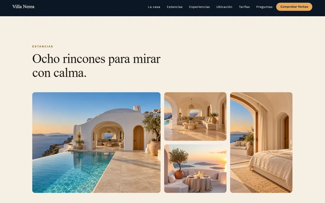 Sección de estancias de Villa Nerea con una galería de fotos del exterior, el salón, el comedor y la suite
