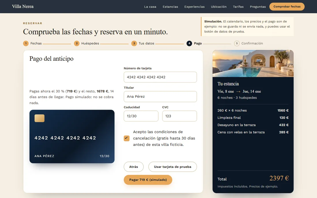 Paso de pago del anticipo de Villa Nerea con una tarjeta de crédito dibujada, el formulario y el resumen de la estancia