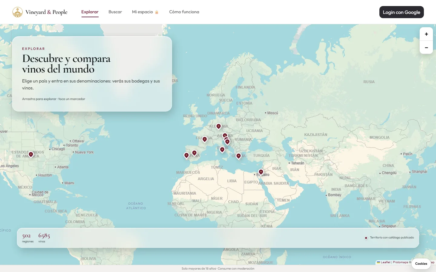 Explorador de Vineyard & People: mapa mundial con las regiones vinícolas que tienen catálogo publicado